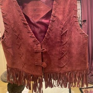 Wine / burgundy color leather fringe vest